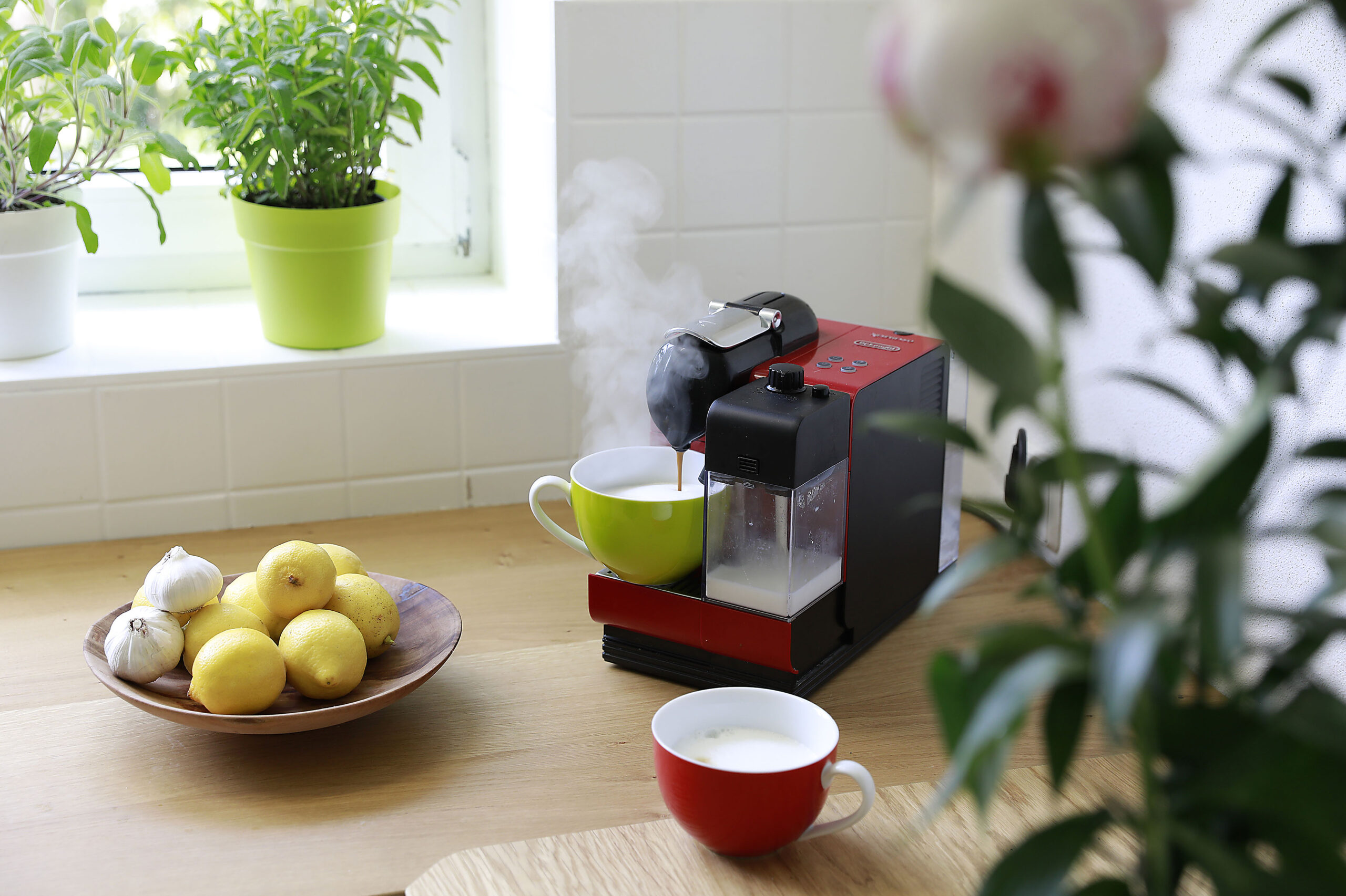 Kaffeemaschine, Tassen und Zitronen in der Küche des Ferienhauses Falkenhaus Scheidegg